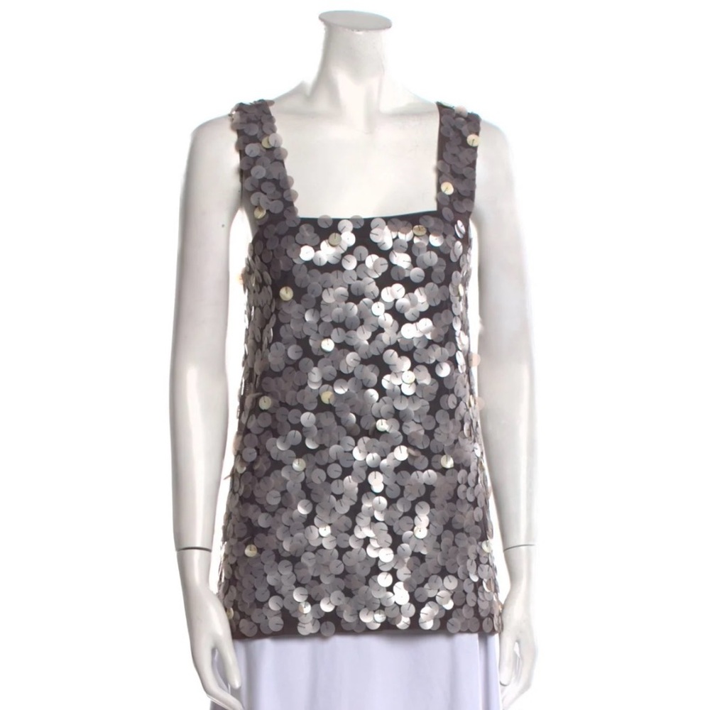 ALICE + OLIVIA Grey Sequin Embellishments Square Neckline Tank